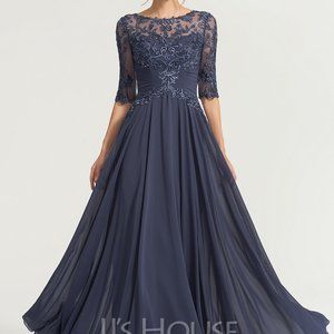 JJ's House Mother of the Bride Gown-Stormy Blue Gray Sequin Lace Chiffon Sz 10